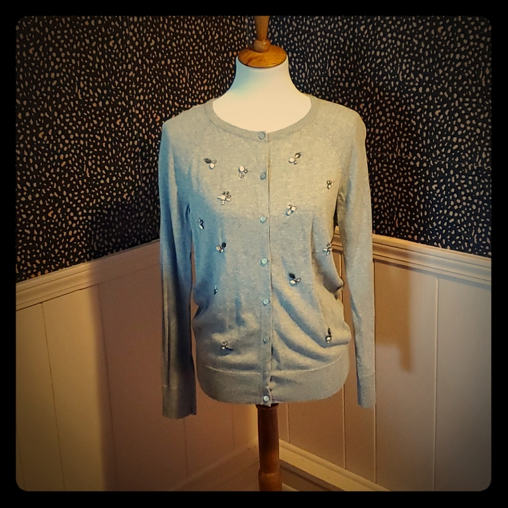 Gray Knit Cardigan With Beaded Embellishments